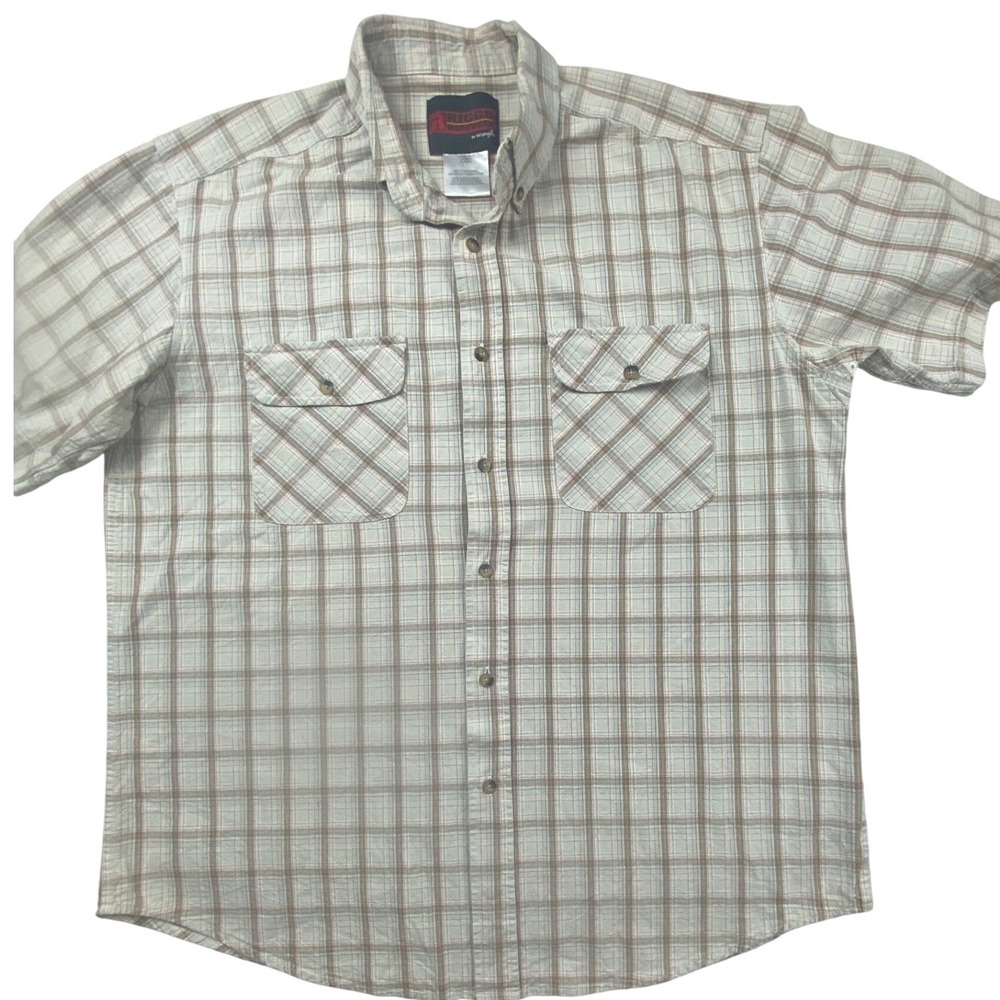 Wrangler Riggs Workwear Mens XL Short Sleeve Plaid Button Down Shirt Tan 3W566KH